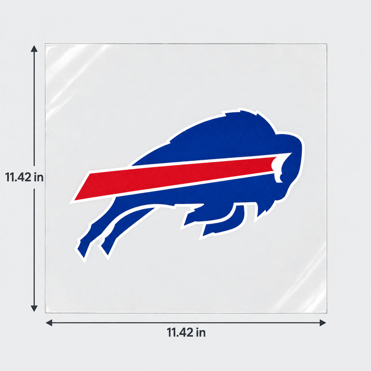 Buffalo Bills decorative sticker displayed on clear film with size markings