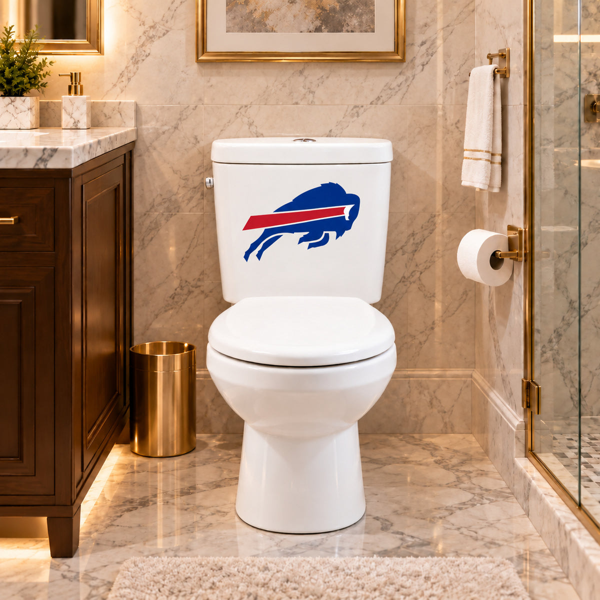 Buffalo Bills decorative sticker on a white toilet tank in a marble bathroom
