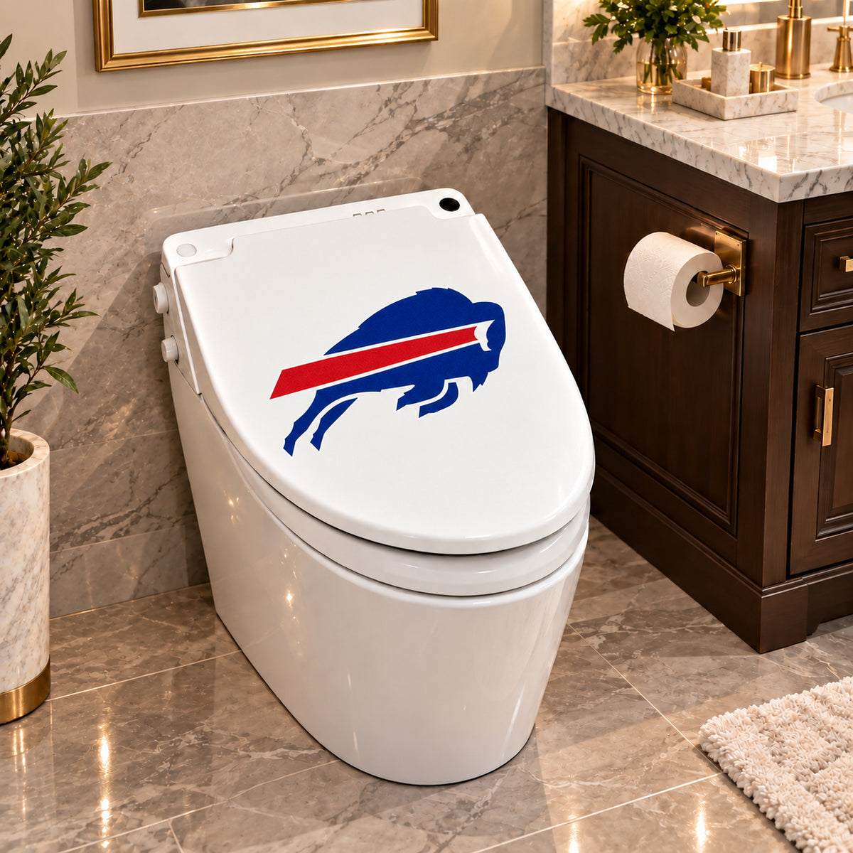 Buffalo Bills decorative sticker on a closed white toilet lid in a marble bathroom