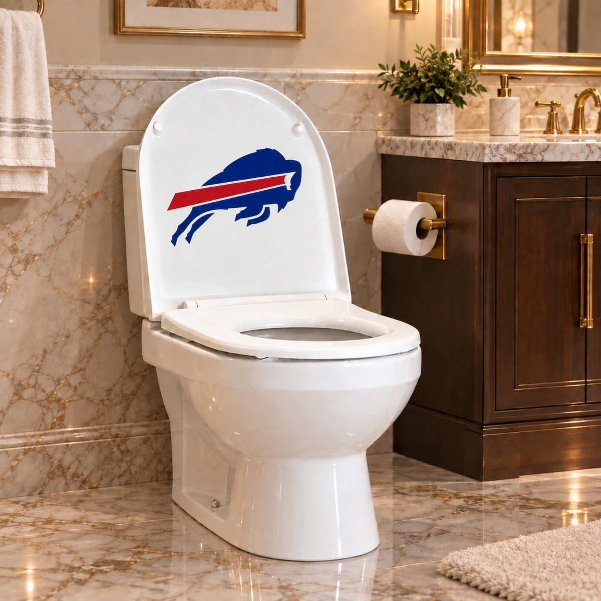 Buffalo Bills decorative sticker on the inside of a white toilet lid in a marble bathroom