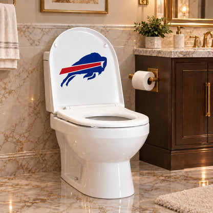 Buffalo Bills decorative sticker on the inside of a white toilet lid in a marble bathroom