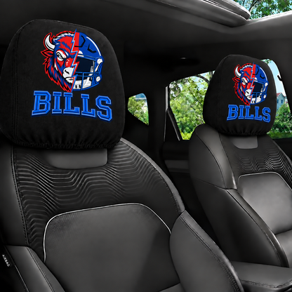 Buffalo Bills car headrest cover, Style 2 illustrated mascot design, installed in car