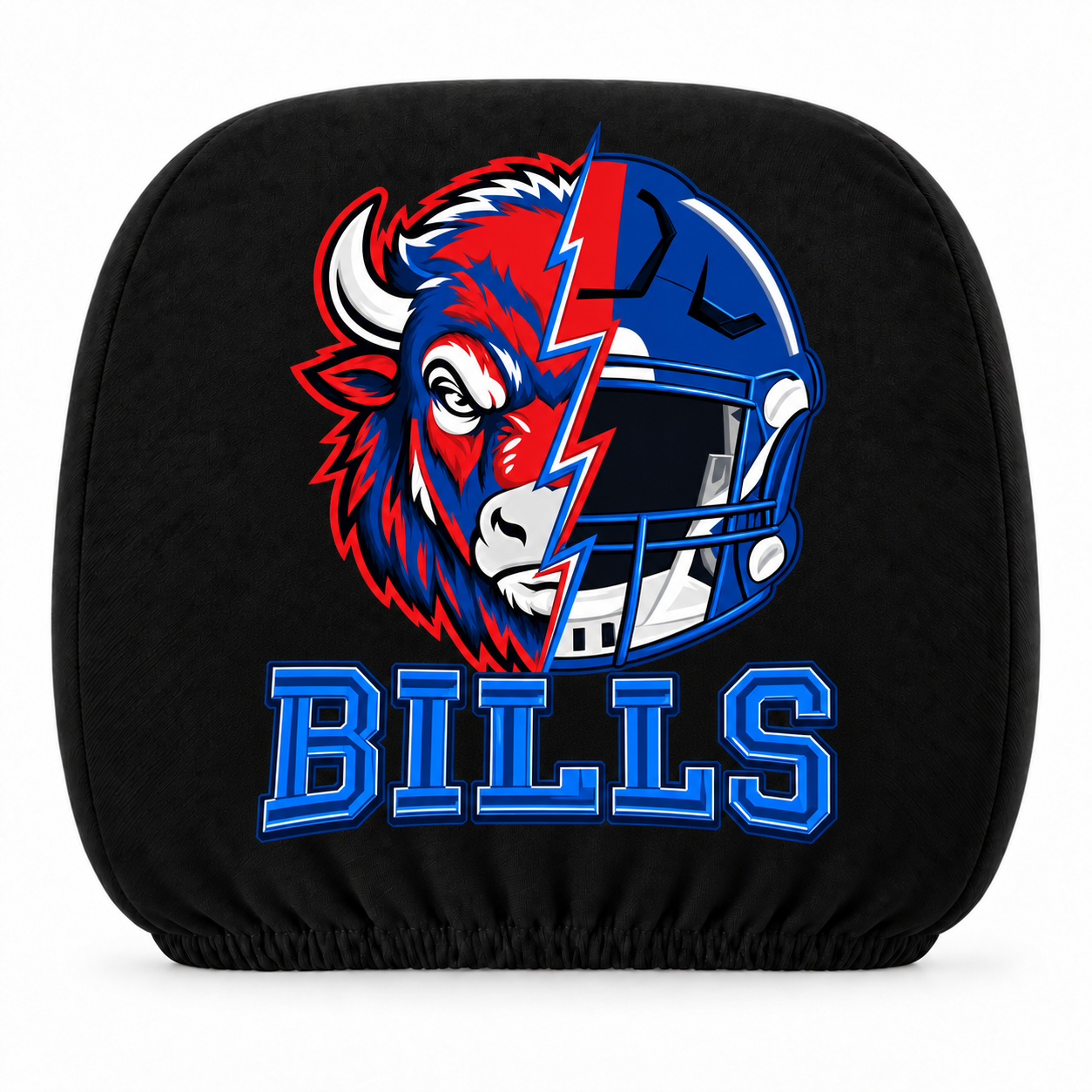 Buffalo Bills car headrest cover, Style 2 illustrated mascot design, white background