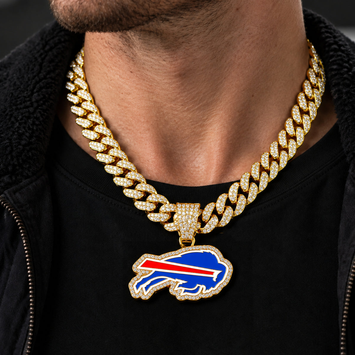 Buffalo Bills gold-tone rhinestone Cuban-link necklace, worn view