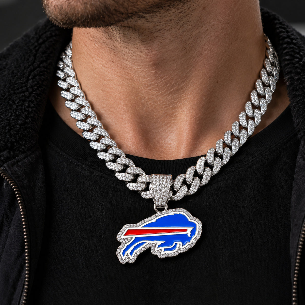 Buffalo Bills silver-tone rhinestone Cuban-link necklace, worn view
