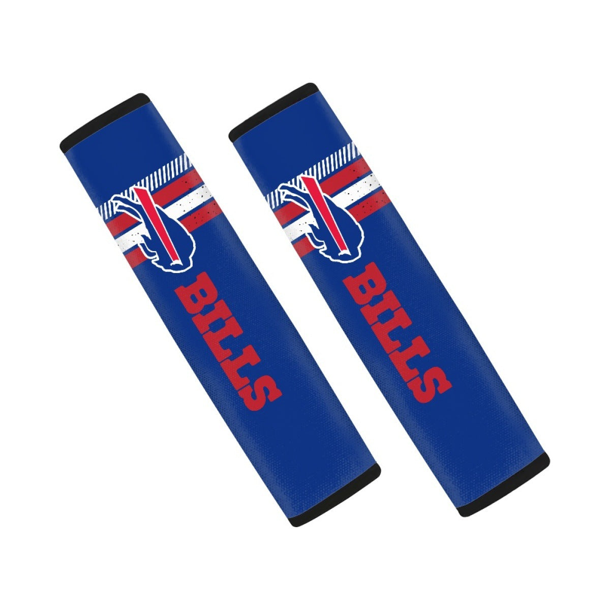 Pair of Buffalo Bills seat belt and backpack shoulder strap covers on a white background