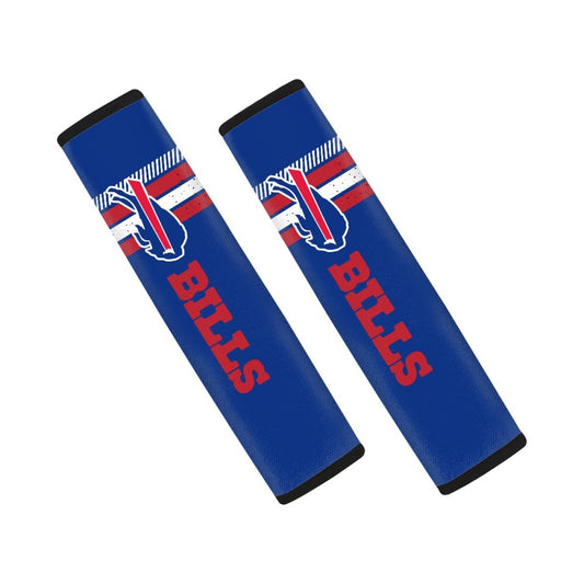 Pair of Buffalo Bills seat belt and backpack shoulder strap covers on a white background