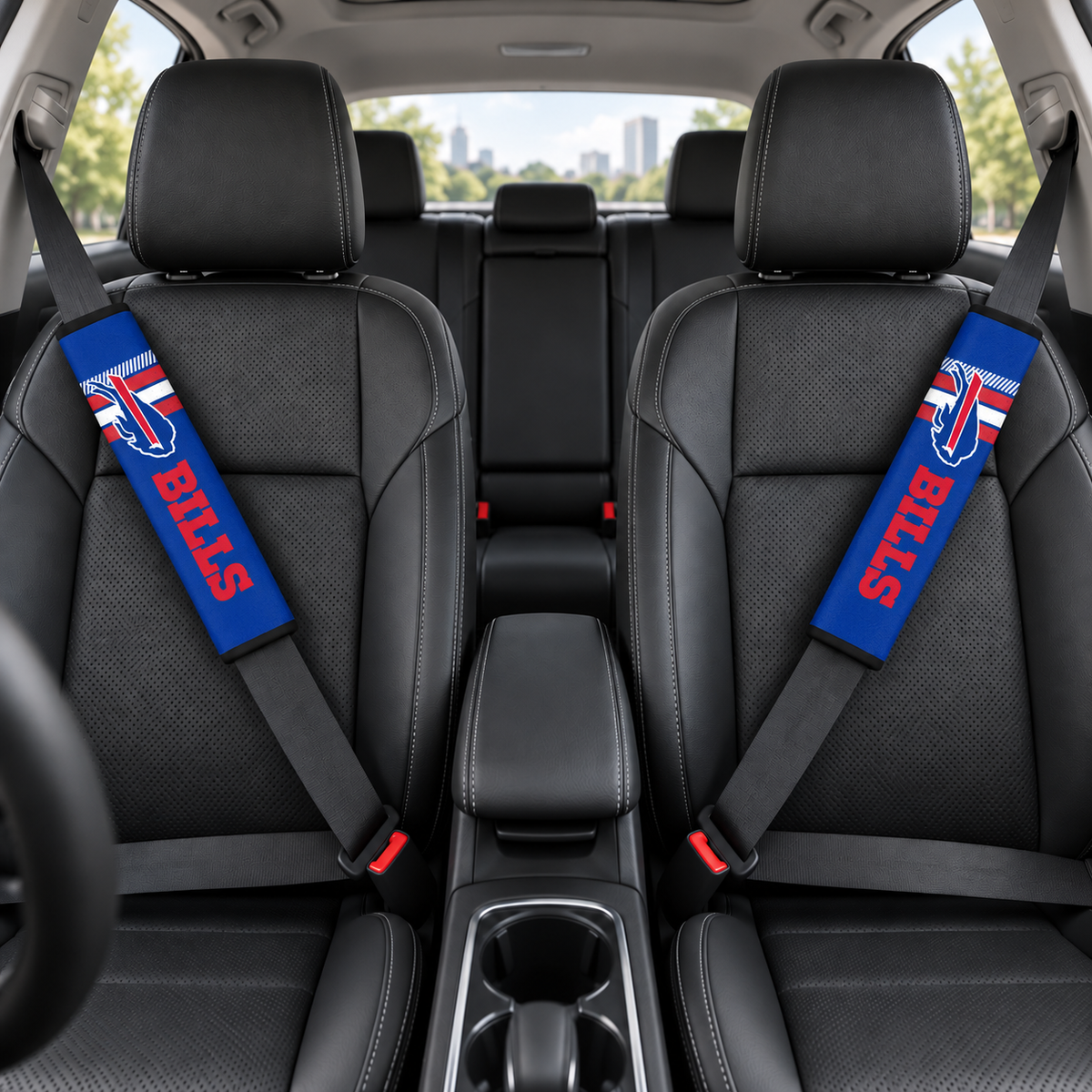 Buffalo Bills car seat belt covers shown on two front seat belts