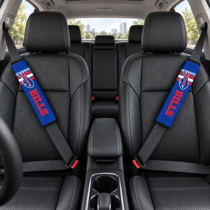 Buffalo Bills car seat belt covers shown on two front seat belts