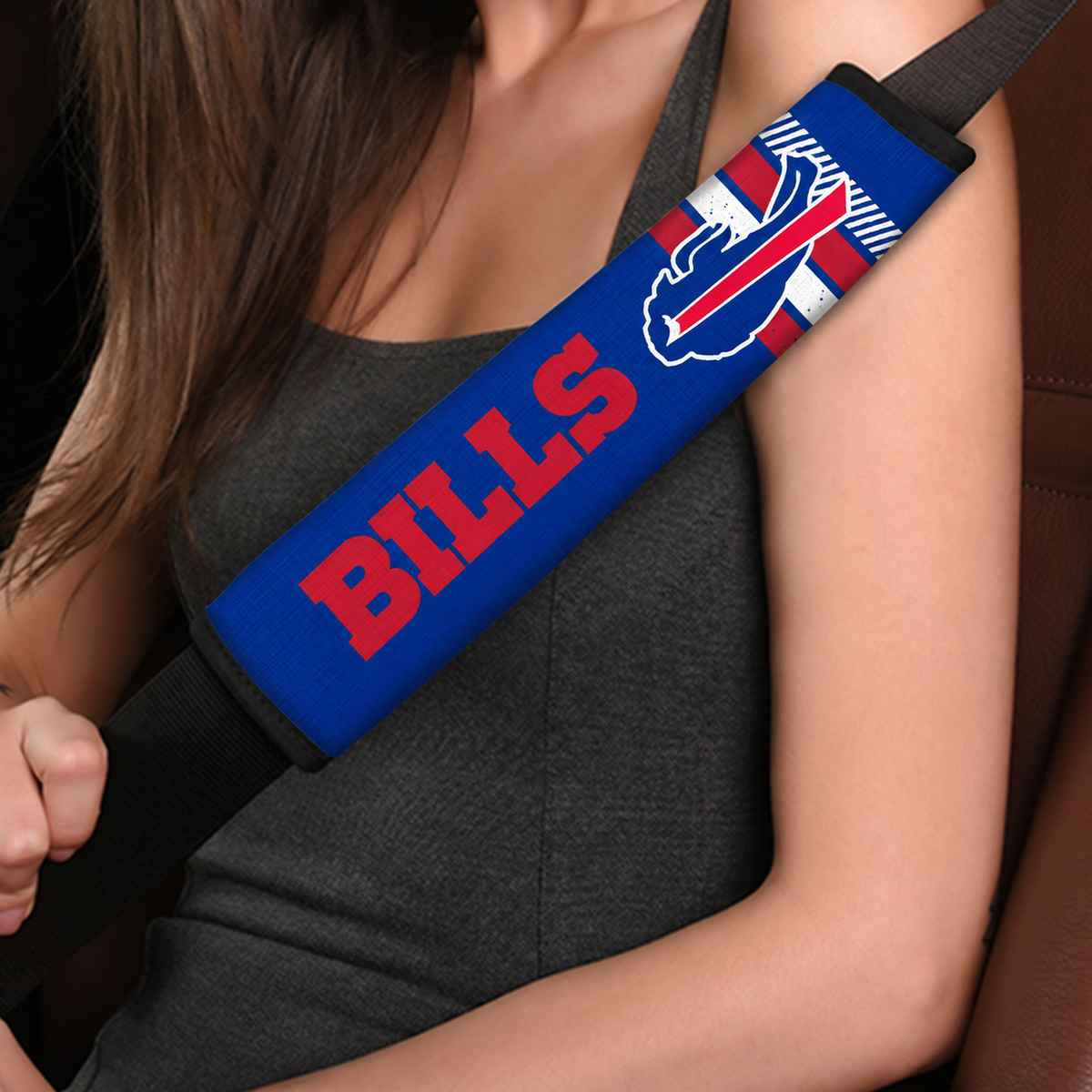 Close-up of Buffalo Bills shoulder strap cover worn on a car seat belt