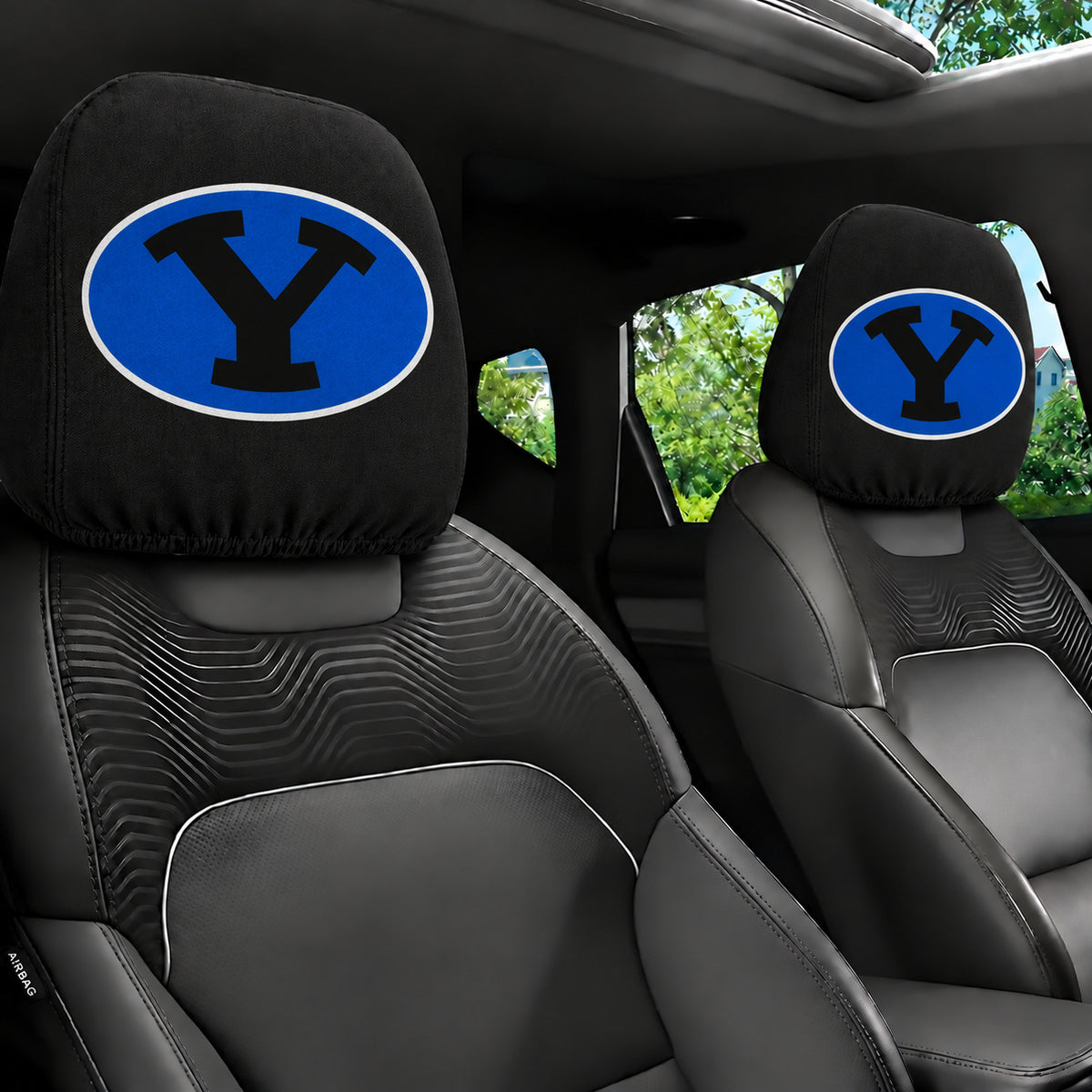 BYU Cougars car headrest cover, Style 1 team design, installed in car