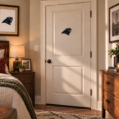 Carolina Panthers decorative sticker on an interior door, corrected 29 cm proportion
