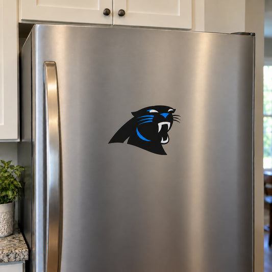 Carolina Panthers decorative sticker displayed on a stainless-steel refrigerator