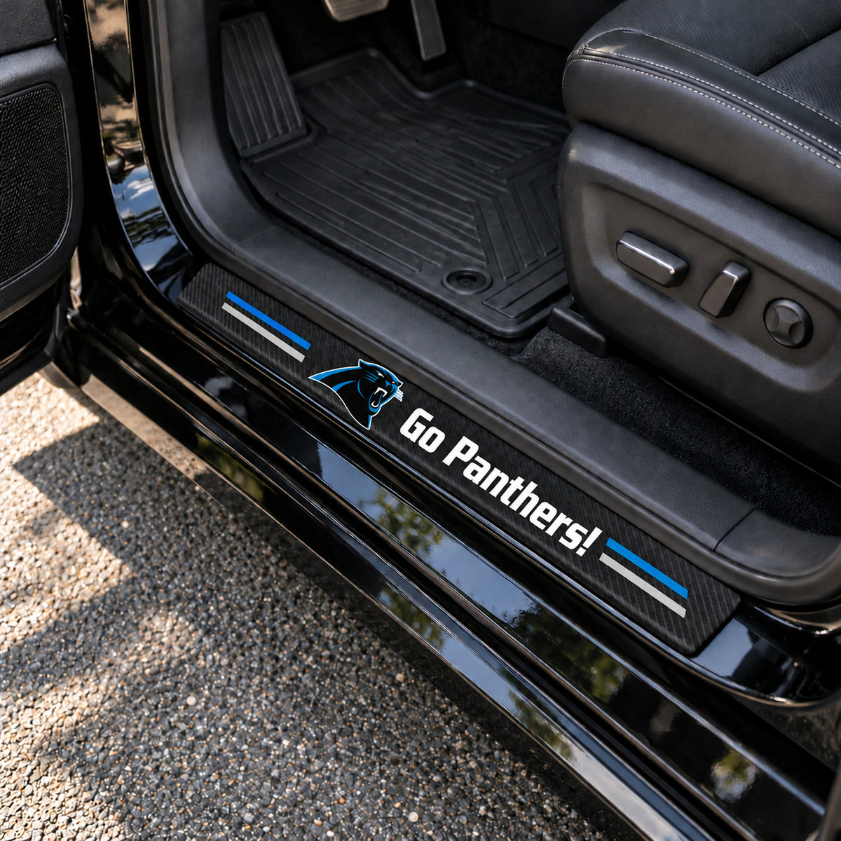 Carolina Panthers carbon fiber texture car door sill protector strips installed on a black car