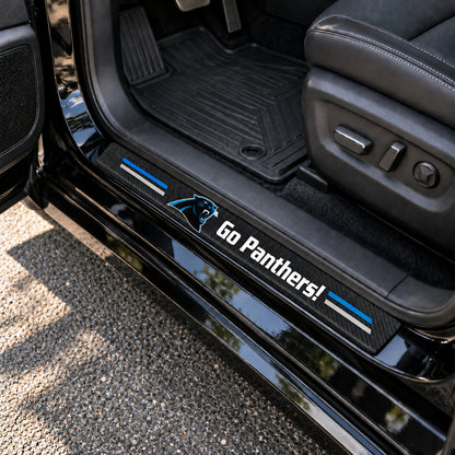 Carolina Panthers carbon fiber texture car door sill protector strips installed on a black car