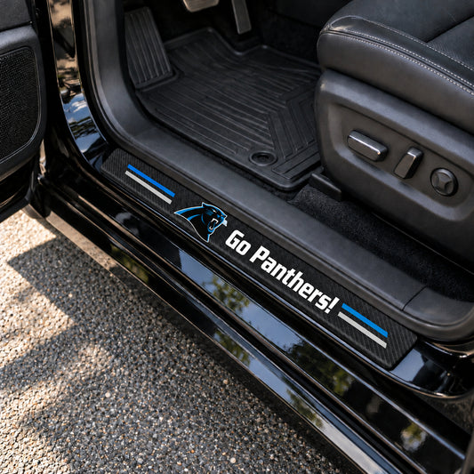 Carolina Panthers carbon fiber texture car door sill protector strips installed on a black car