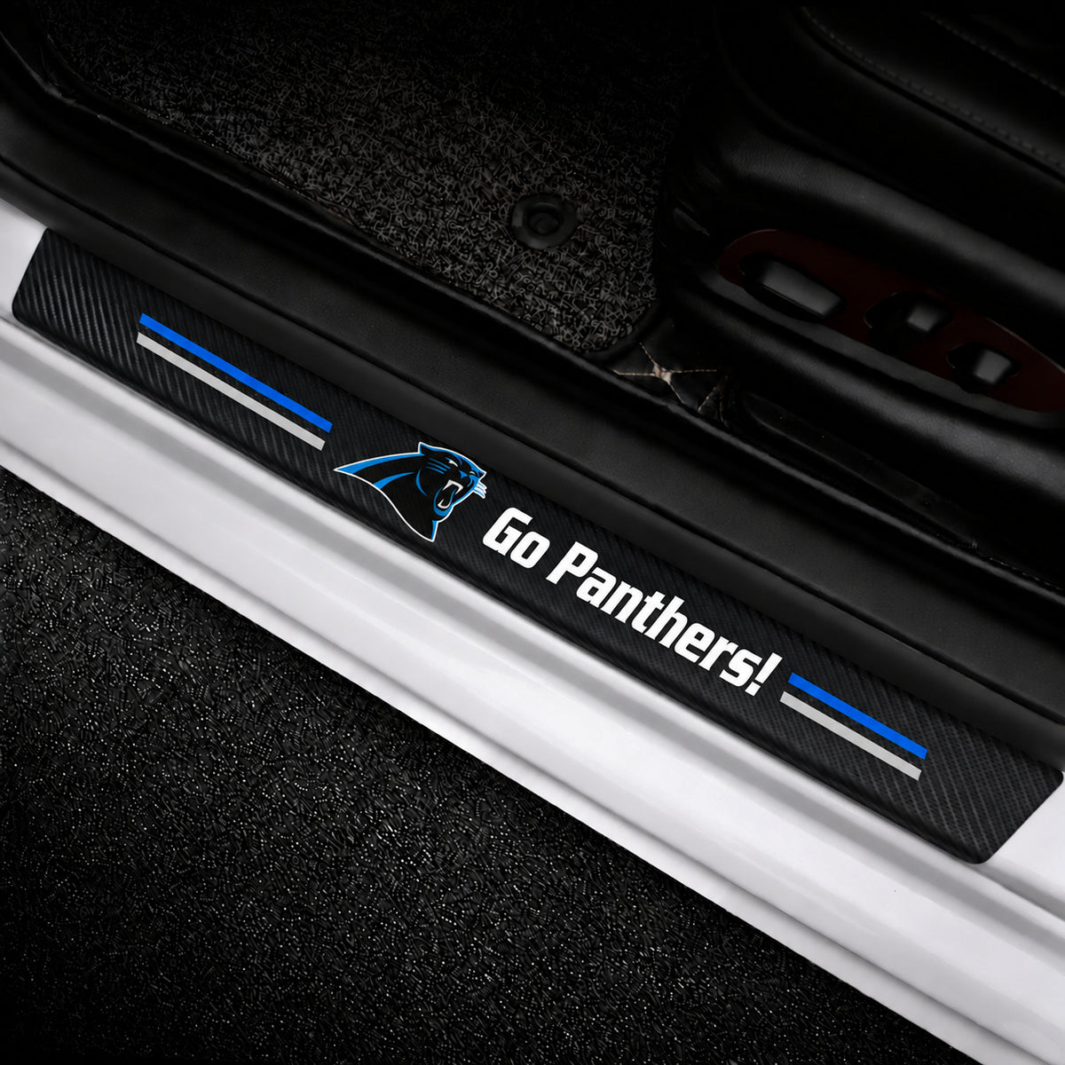 Carolina Panthers car door sill protector strips — vehicle installation view
