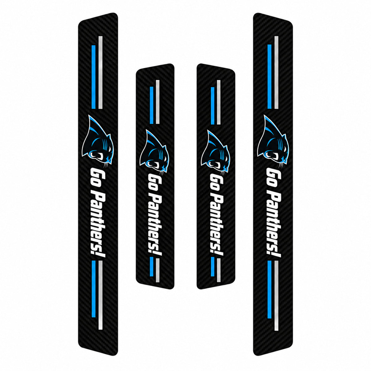 Carolina Panthers car door sill protector strips — four-piece product layout