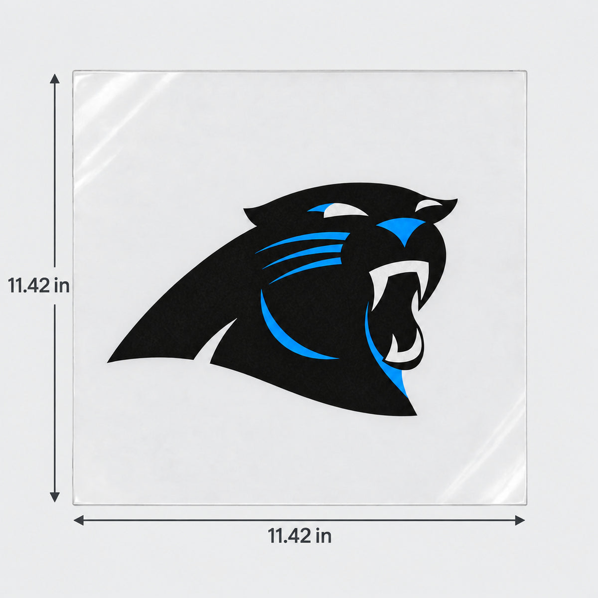 Carolina Panthers decorative sticker displayed on clear film with size markings
