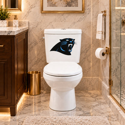 Carolina Panthers decorative sticker on a white toilet tank in a marble bathroom