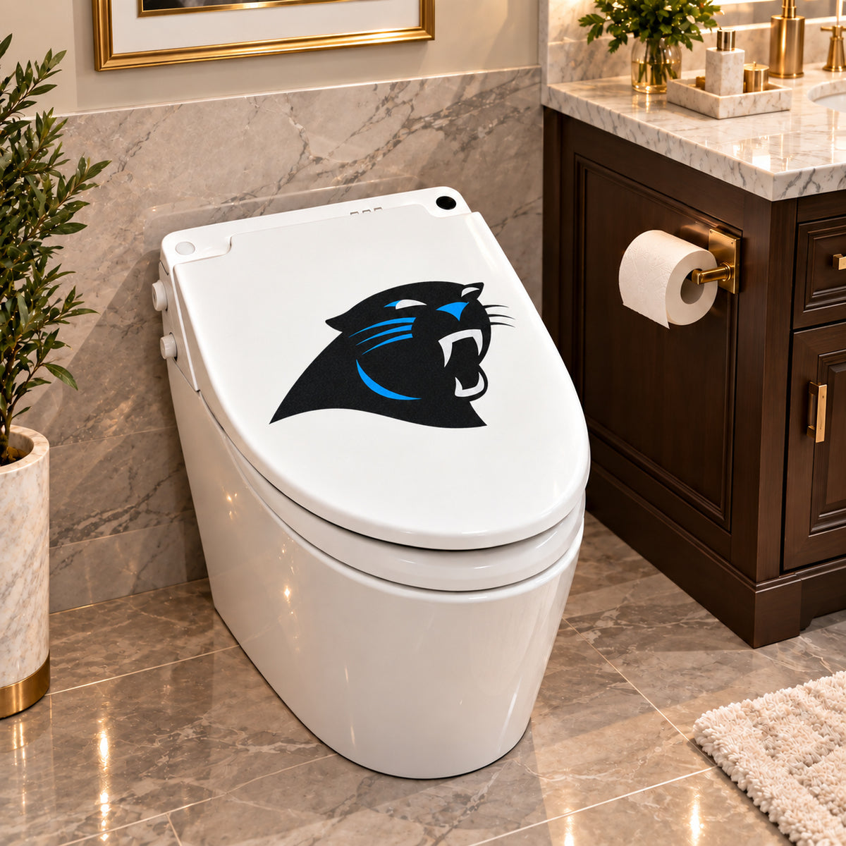 Carolina Panthers decorative sticker on a closed white toilet lid in a marble bathroom