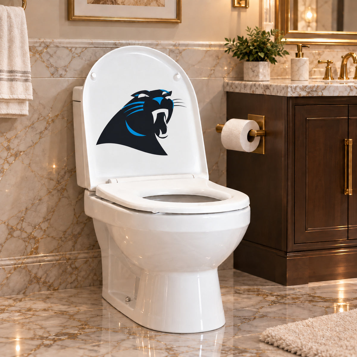 Carolina Panthers decorative sticker on the inside of a white toilet lid in a marble bathroom