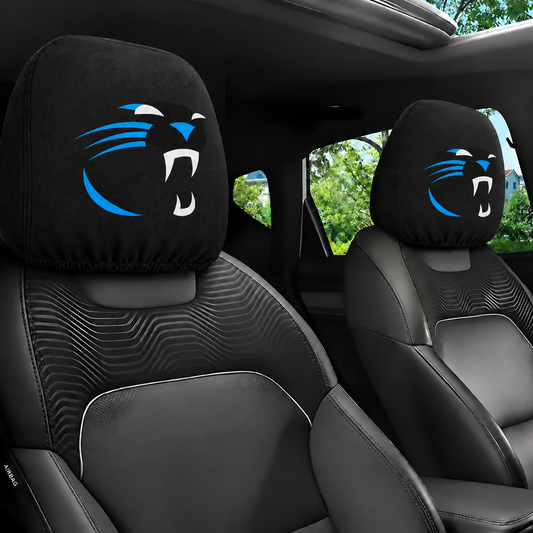 Carolina Panthers car headrest cover, Style 1 logo design, installed in car