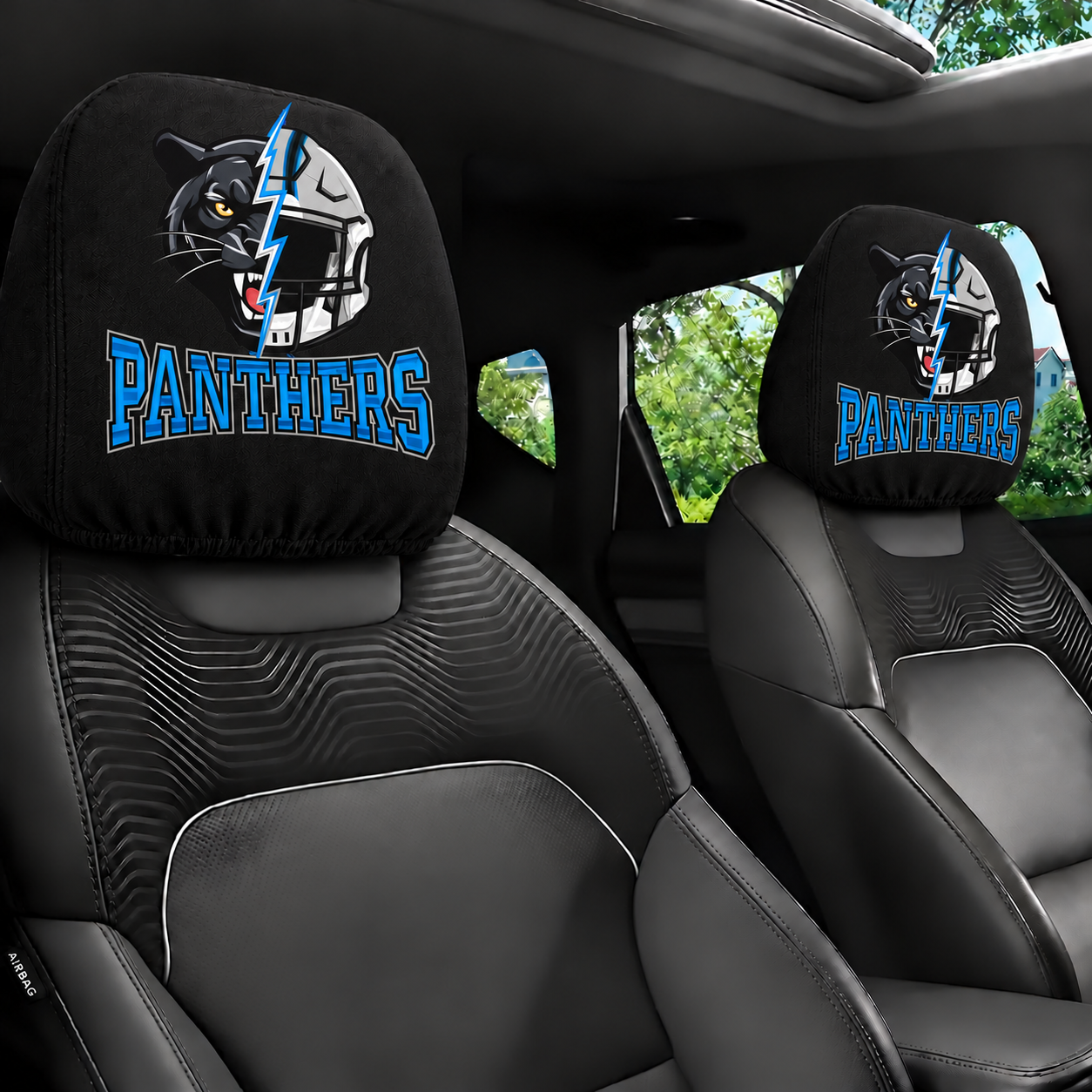 Carolina Panthers car headrest cover, Style 2 illustrated mascot design, installed in car