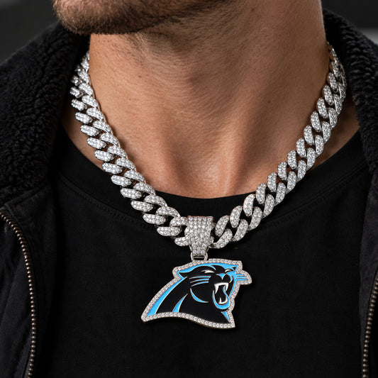 Carolina Panthers silver-tone rhinestone Cuban-link necklace, worn view