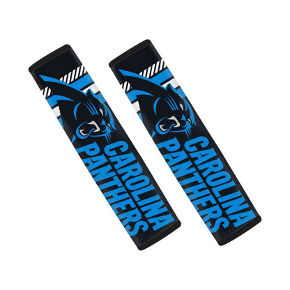 Pair of Carolina Panthers seat belt and backpack shoulder strap covers on a white background