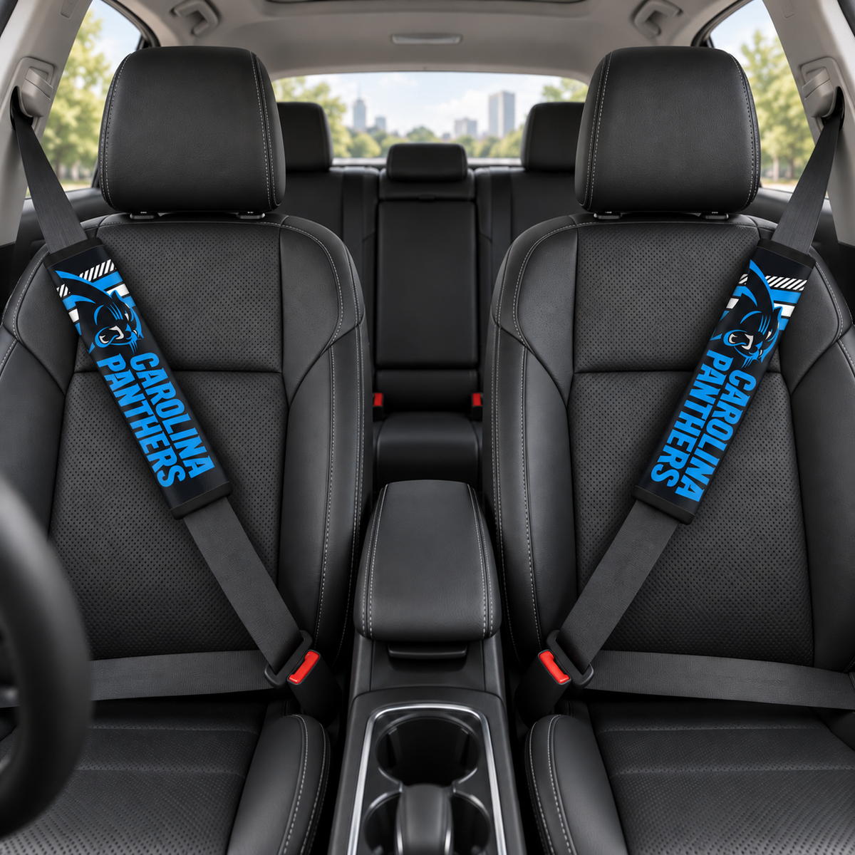 Carolina Panthers car seat belt covers shown on two front seat belts