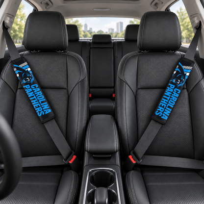 Carolina Panthers car seat belt covers shown on two front seat belts
