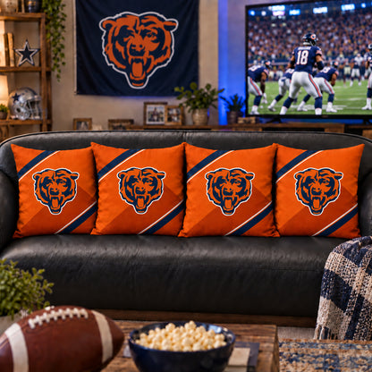 Matching Chicago Bears sofa cushion covers shown in a living-room styling example