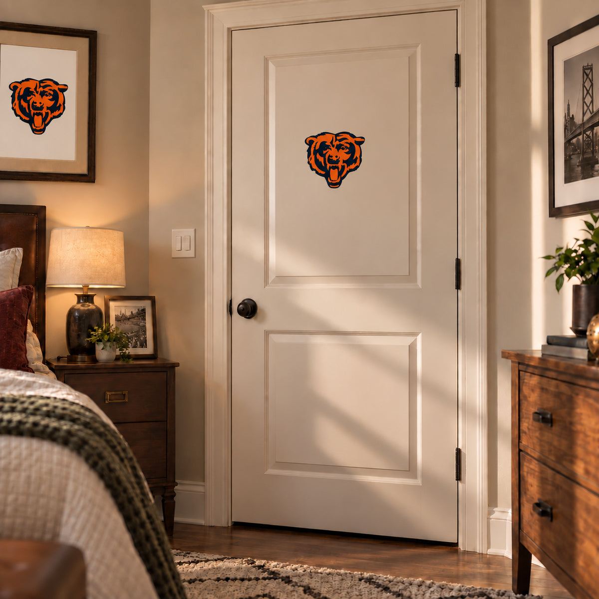 Chicago Bears decorative sticker on an interior door, corrected 29 cm proportion