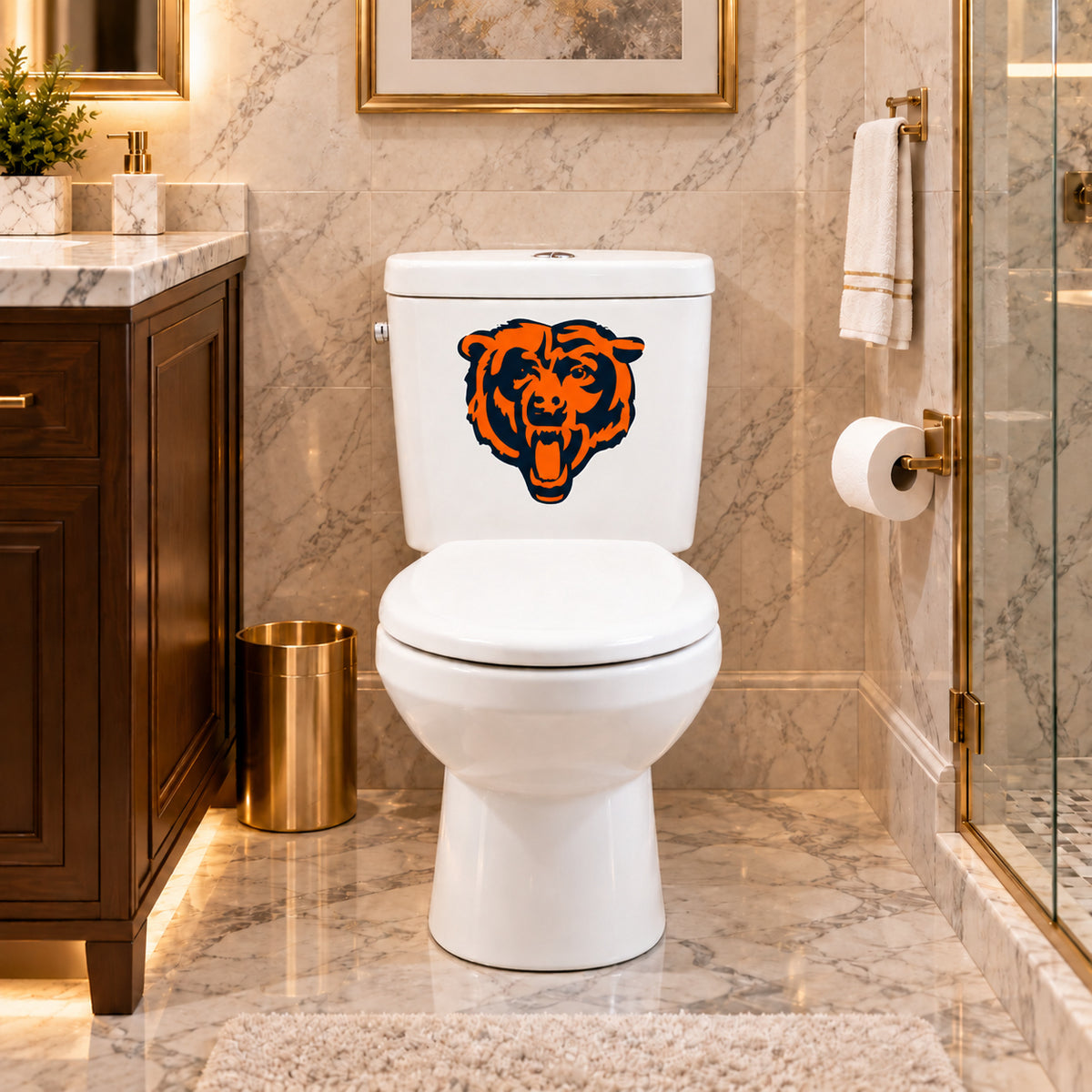 Chicago Bears decorative sticker on a white toilet tank in a marble bathroom