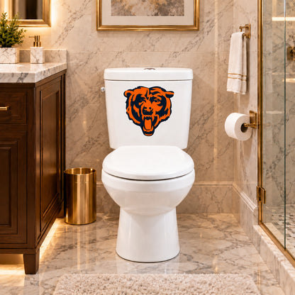 Chicago Bears decorative sticker on a white toilet tank in a marble bathroom