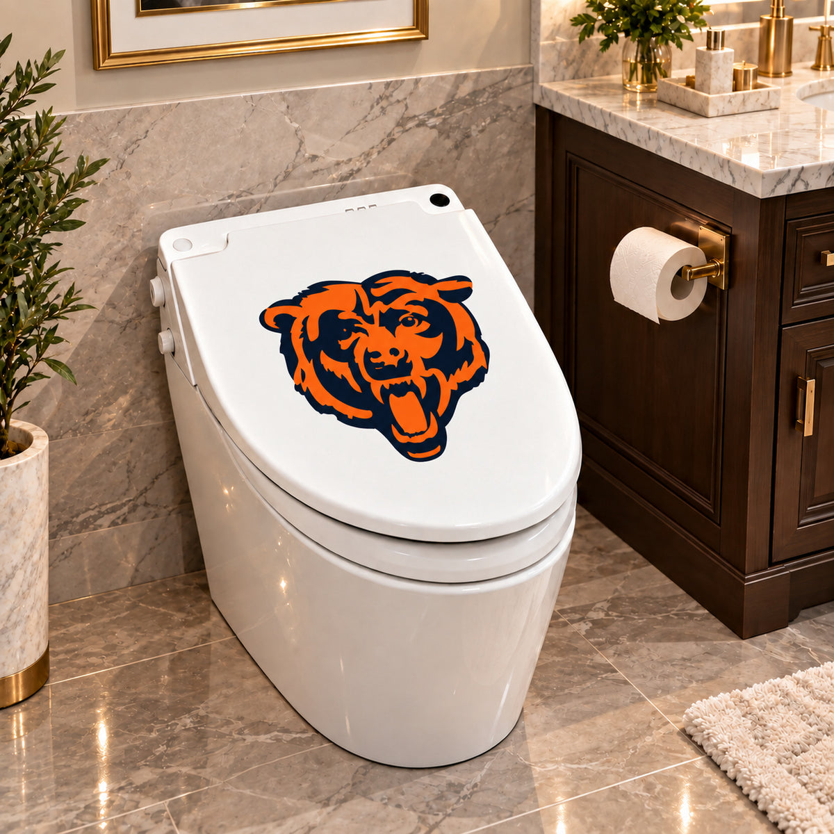 Chicago Bears decorative sticker on a closed white toilet lid in a marble bathroom