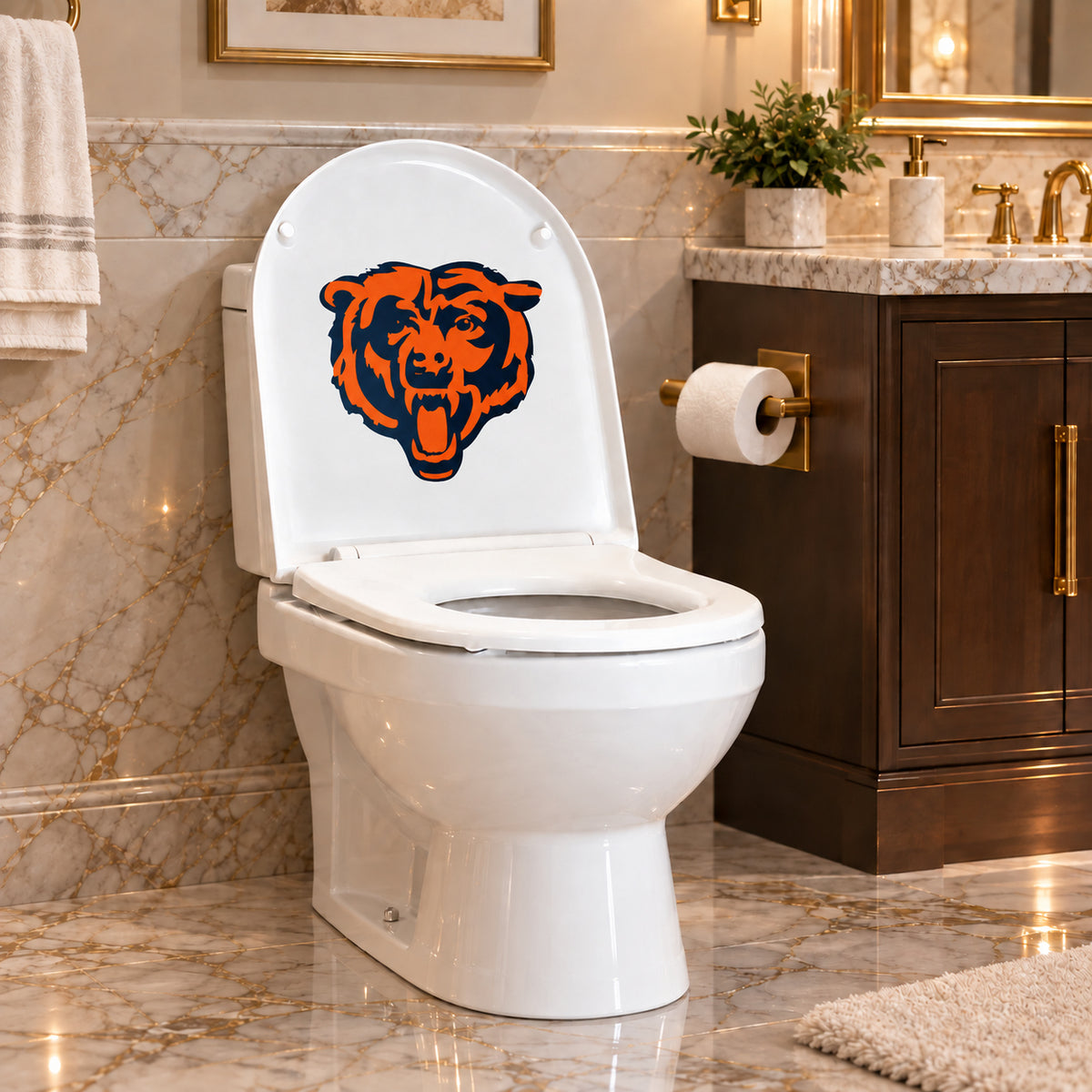 Chicago Bears decorative sticker on the inside of a white toilet lid in a marble bathroom