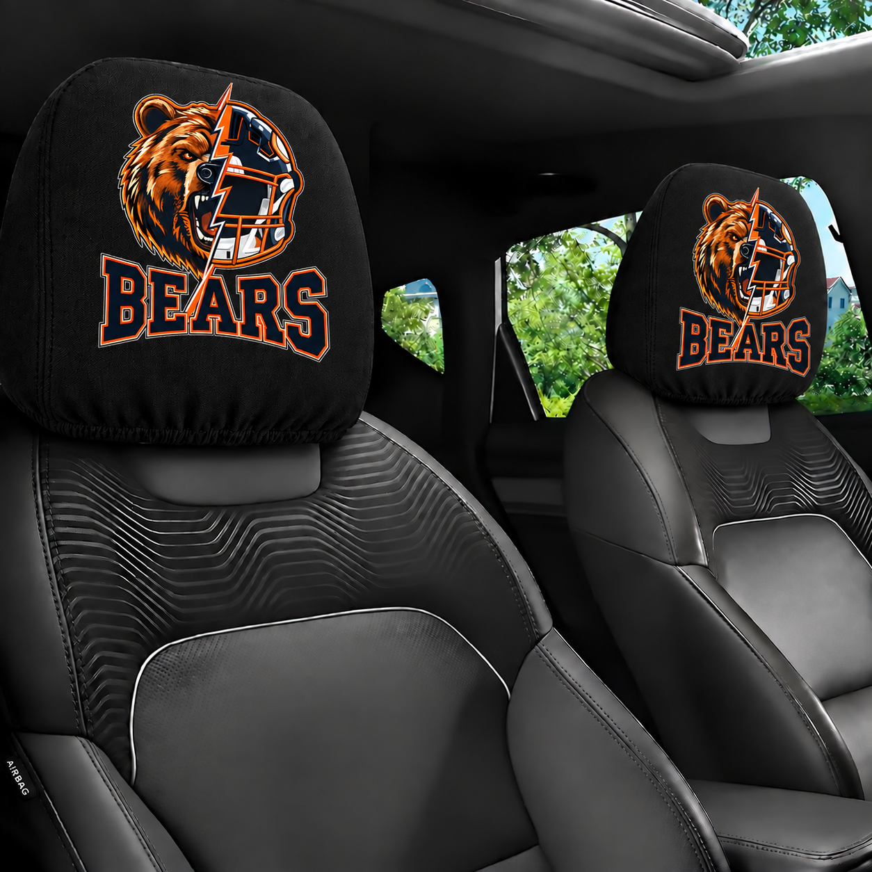 Chicago Bears car headrest cover, Style 2 illustrated mascot design, installed in car