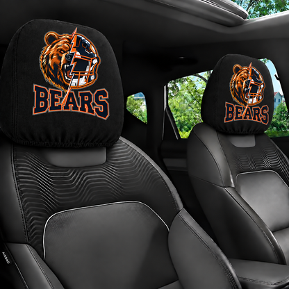 Chicago Bears car headrest cover, Style 2 illustrated mascot design, installed in car