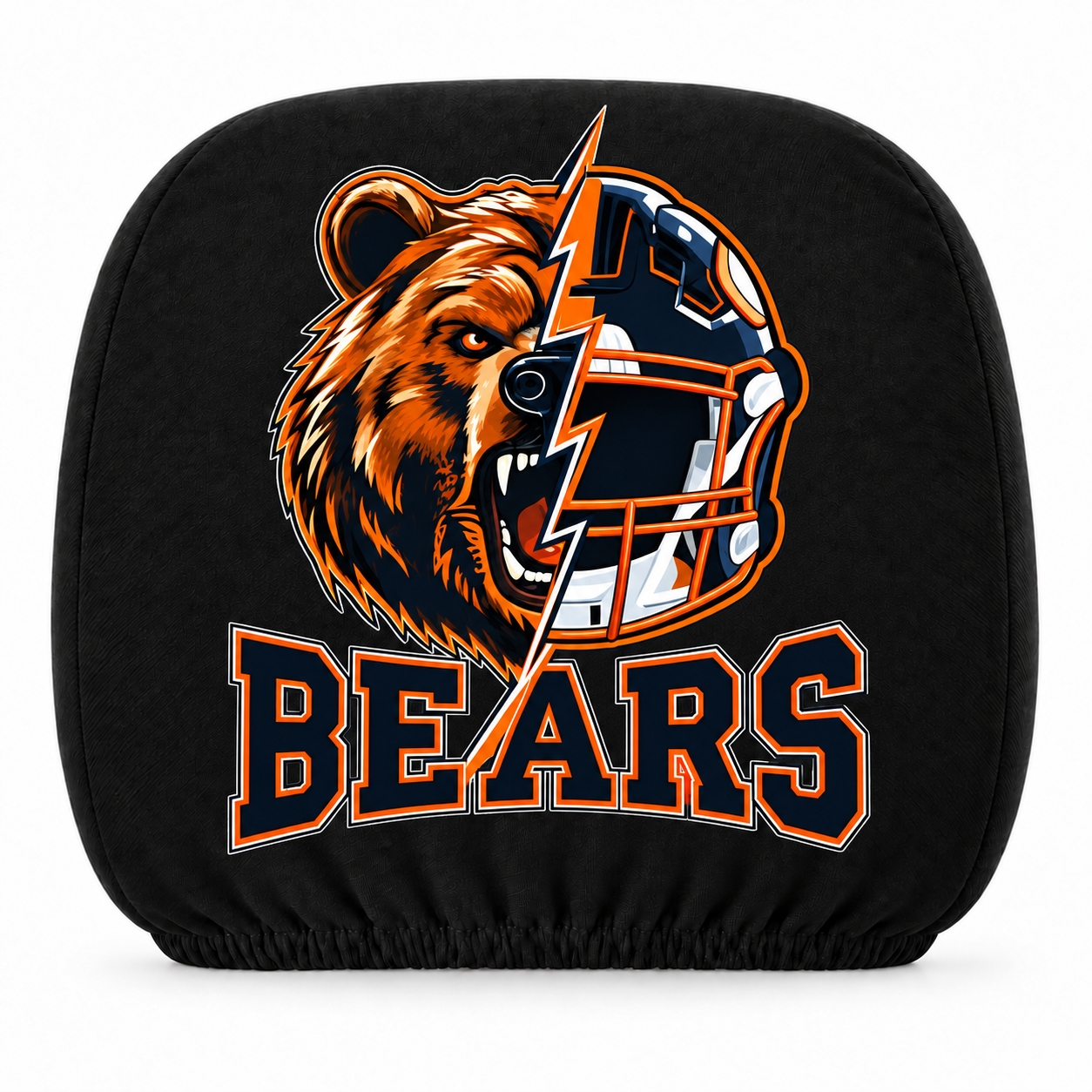 Chicago Bears car headrest cover, Style 2 illustrated mascot design, white background