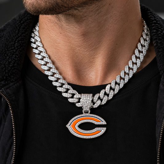 Chicago Bears silver-tone rhinestone Cuban-link necklace, worn view
