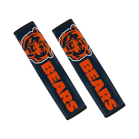 Pair of Chicago Bears seat belt and backpack shoulder strap covers on a white background