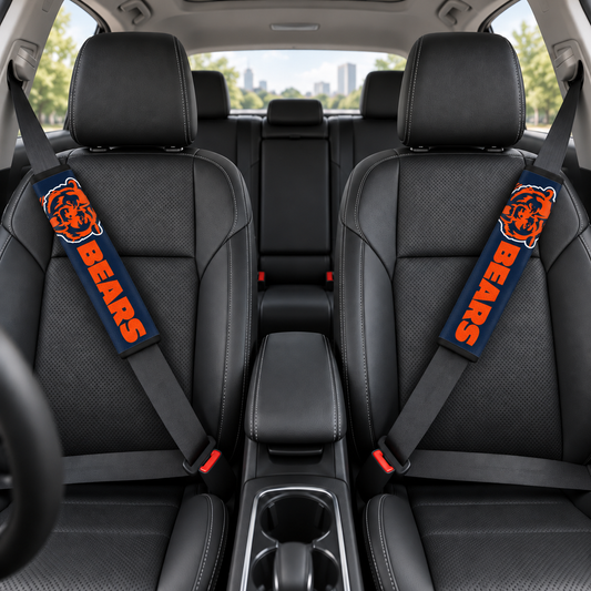 Chicago Bears car seat belt covers shown on two front seat belts