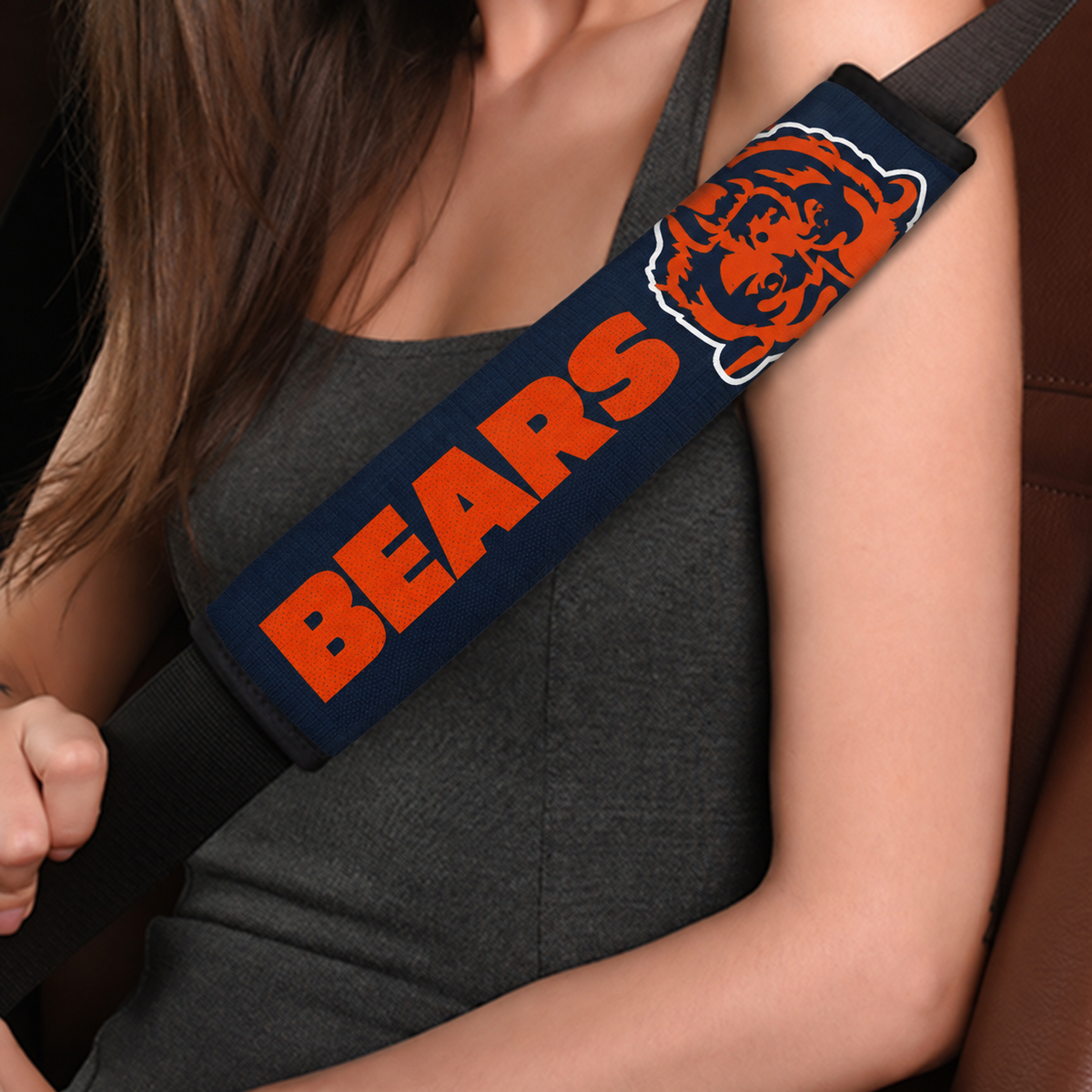 Close-up of Chicago Bears shoulder strap cover worn on a car seat belt