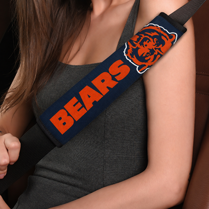 Close-up of Chicago Bears shoulder strap cover worn on a car seat belt
