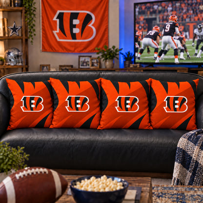 Matching Cincinnati Bengals sofa cushion covers shown in a living-room styling example
