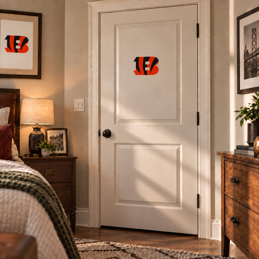 Cincinnati Bengals decorative sticker on an interior door, corrected 29 cm proportion