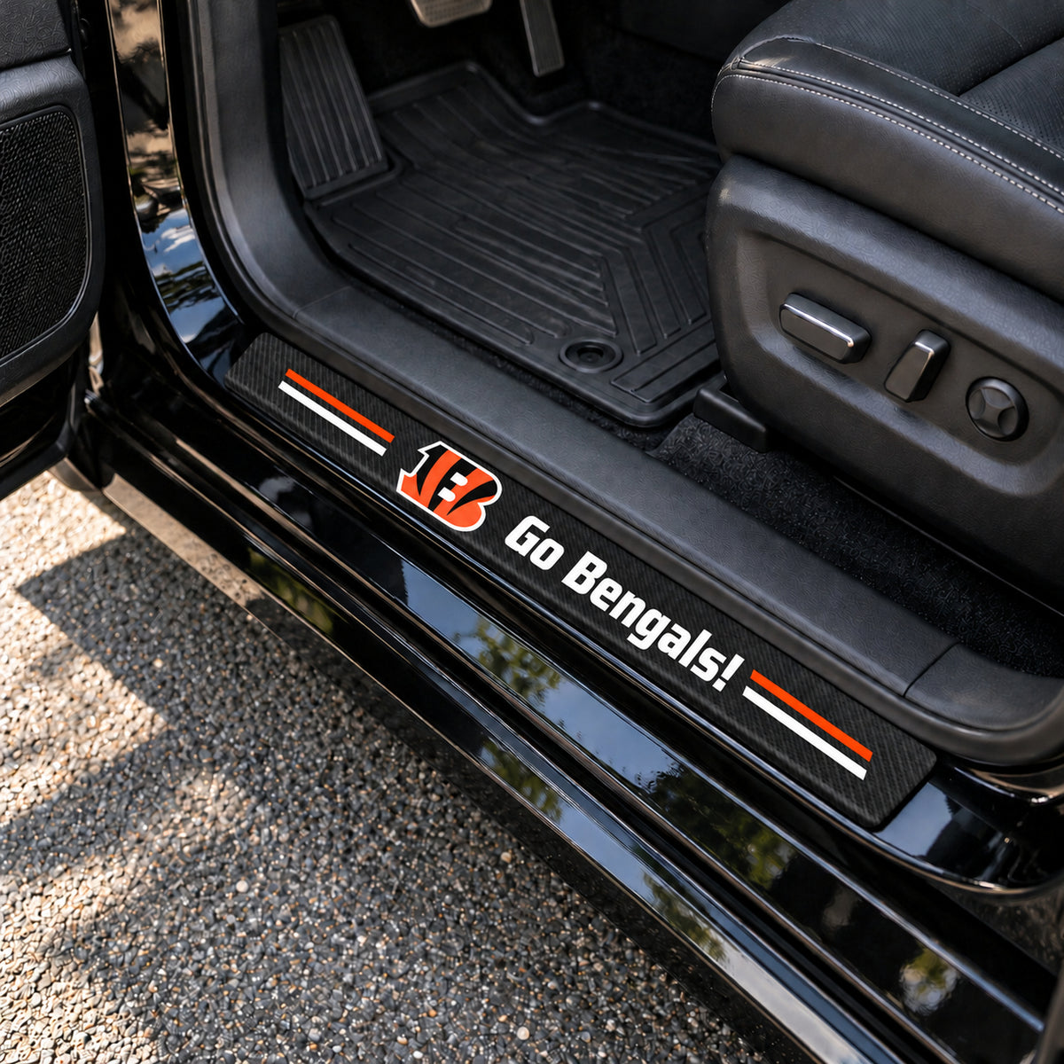 Cincinnati Bengals carbon fiber texture car door sill protector strips installed on a black car