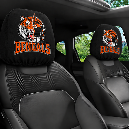 Cincinnati Bengals car headrest cover, Style 2 illustrated mascot design, installed in car